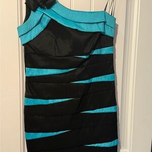 Frank Lyman Design Black and Blue One-Shoulder Dress